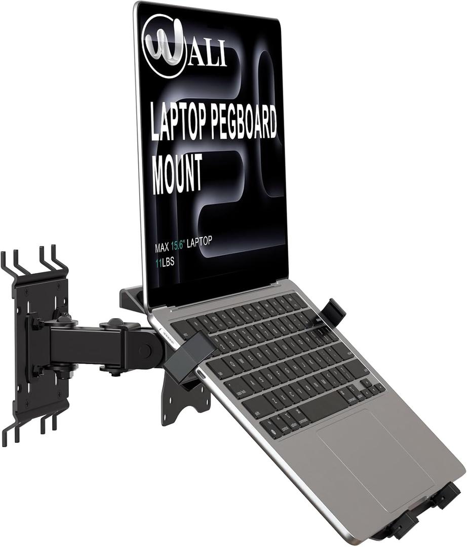 WALI Articulating Pegboard Adjustable Mount for Laptop and Monitor 2 in 1 with Vented Tray, Fits 1" Hole Spacing & Up to 1/4" Hole Diameter, Supports Laptop or Monitor Under 8.8lbs, PM00LP, Black