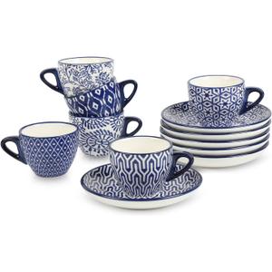 Selamica Ceramic 2 oz Espresso Cups, Small Expresso Coffee Cup Set with Saucers, Porcelain Mini Demitasse Cups for Latte Mocha Tea, Set of 6, Vintage Blue