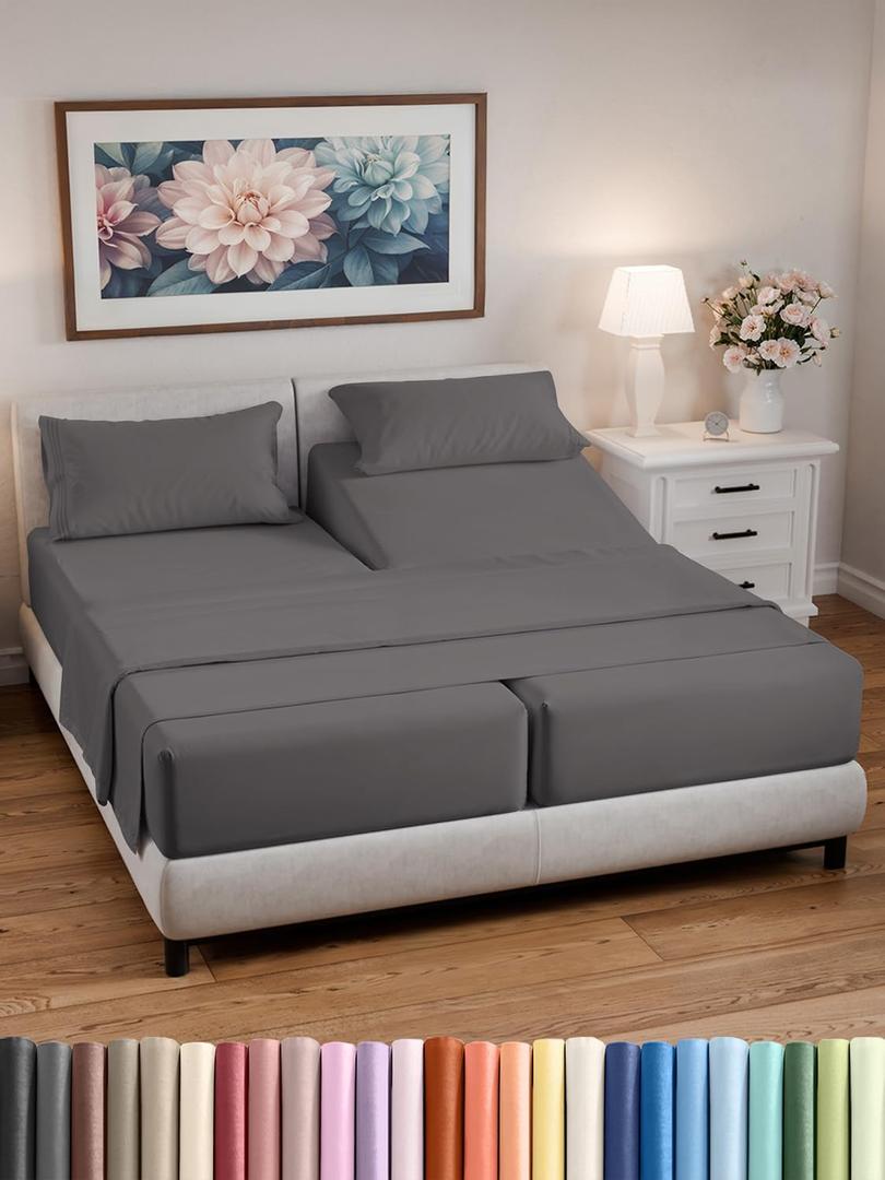 Split California King Bed Sheet Set - 5 Piece Split California King Size Sheets  Ultra-Soft & Wrinkle Free - Fits 8 to 16" Mattress w/ Deep Pockets - Breathable & Cooling Luxury Bedding  Dark Grey