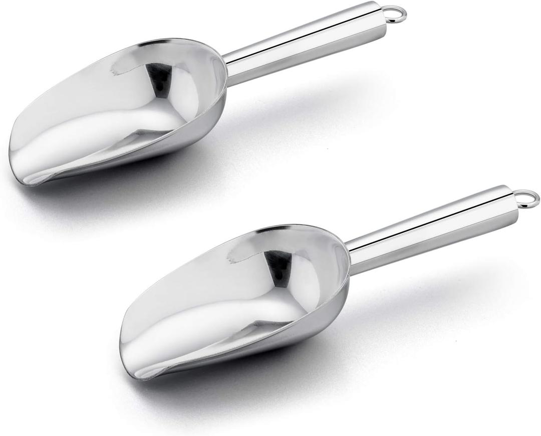 E-far 6 Ounce Ice Scoop Set of 2, Small Stainless Steel Scoops for Ice Cube/Candy/Flour/Sugar, Metal Utility Scoops for Canisters, Baking, Kitchen Pantry, Rust Free & Dishwasher Safe