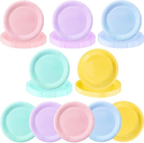 Zhehao 100 Pcs Pastel Disposable Paper Plates 9 Inch Rainbow color Disposable Plates Pastel Rainbow Party Decoration for Birthday Picnic Spring Wedding Baby Shower