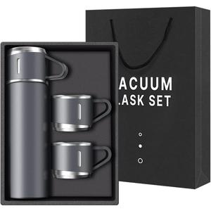 Coffee Thermos Stainless Steel Vacuum-Insulated Water Bottle, 500ml/16.9oz Insulated Bottle with Cup for Hot & Cold Drink Travel Mug (Gray, Three Cup)