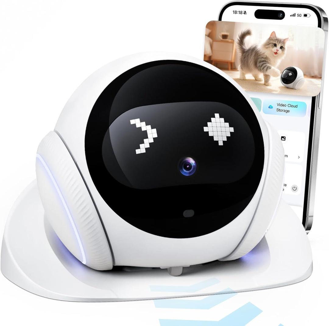 SURPN Pet Camera Robot Companion Monitor  Movable Home Security Cam with 1080P Video, 2.4GHz WiFi, Motion Tracking, Laser Toy, Two-Way Talk  App Control for Dogs & Cats (White)
