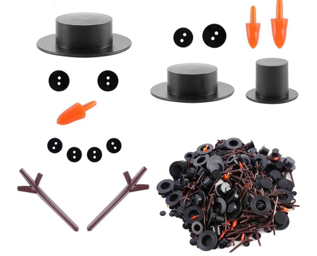 800pcs Christmas Snowman DIY Craft Kit Including 80 Mini Black Top Hats, 80 Carrot Snowman Noses, 160 Snowman Hands, 480 Tiny Black Buttons for Christmas DIY Snowman Crafting, Sewing, Party Supplies