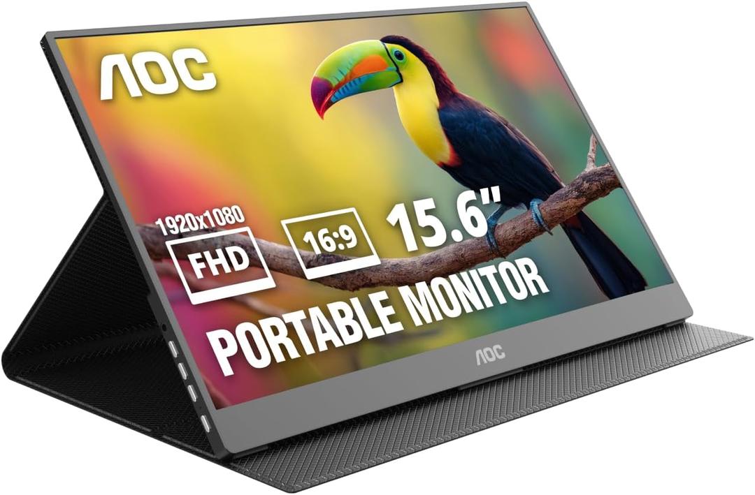 AOC 16T20 Portable Monitor 15.6" FHD 1080p IPS Display, USB-C Portable Laptop Screen, Mini HDMI, Built-in Speakers, Travel Monitor with Smart Cover, Compatible with Laptops, MacBook, PS5, Xbox