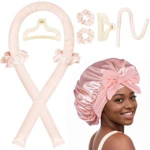 Heatless Hair Curler,Blowout Heatless Curls Overnight,No Heat Curling Rod Set with Satin Bonnet for Sleep in,Cream
