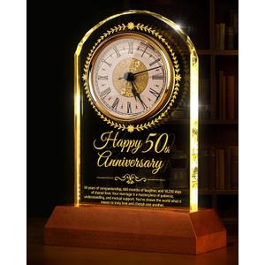 50th Wedding Anniversary Crystal Quartz Clock with Wooden Light Base,50 Years of Marriage Gift,Happy Golden Anniversary Decoration Gift,for Parents,Grandparents,Couple