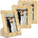CroBlissful 3 Pcs Scalloped Picture Frame Nature Rattan Photo Frame 4x6 Boho Wicker Weave for Picture Coastal Handmade Wall Decor Boho Farmhouse Style Tabletop Display Decorative Home Bookshelf