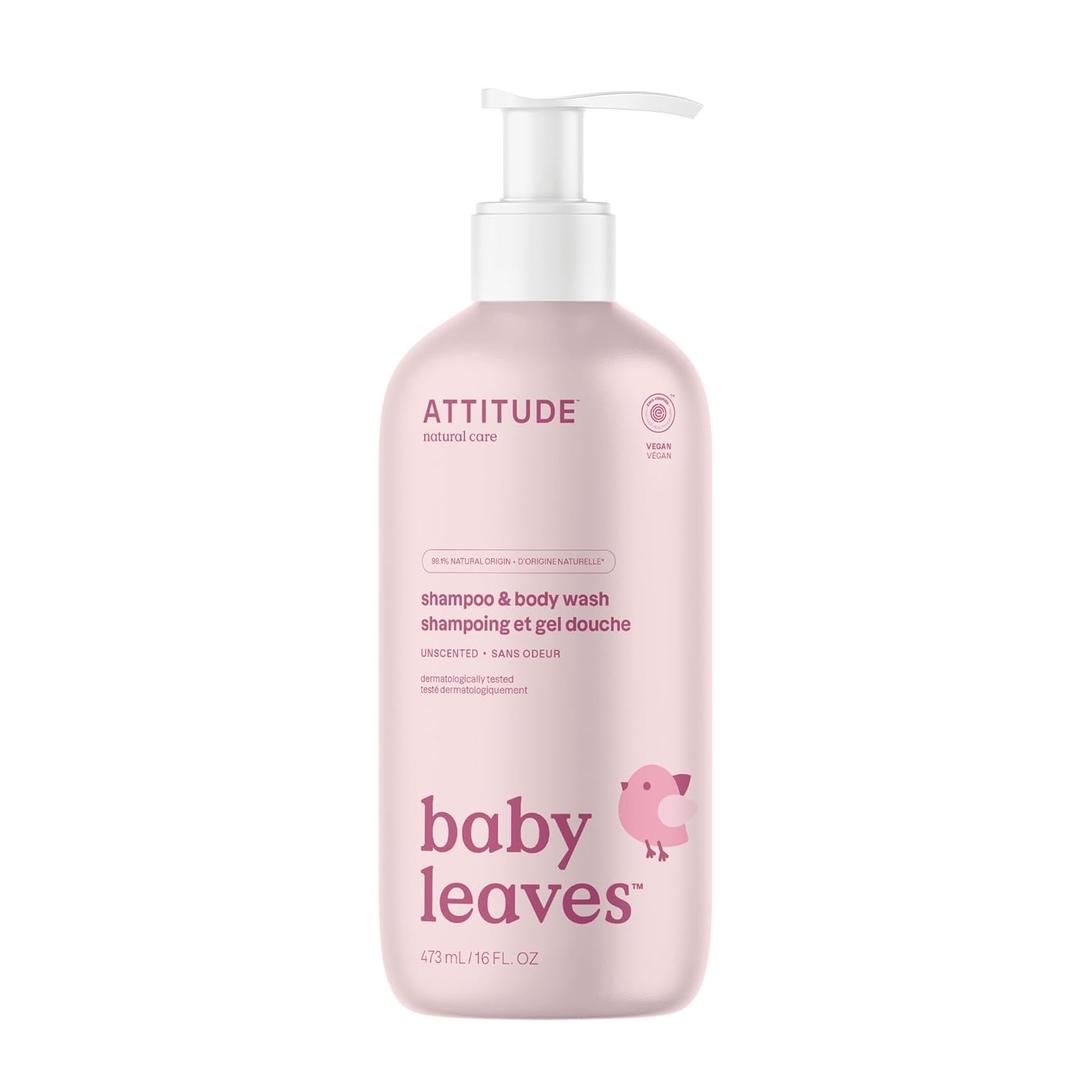 ATTITUDE Baby 2-in-1 Shampoo & Body Wash, EWG Verified, Fragrance Free & Dermatologically Tested, Vegan, Unscented, 16 Fl Oz