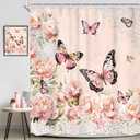 Pink Floral Butterfly Shower Curtain, Rustic Rose Gold Peony Flower Butterfly Shower Curtain for Bathroom, 60Wx72L Inch Vintage Pretty Woman Bathroom Set Bathtub Bath Accessories Home Decor
