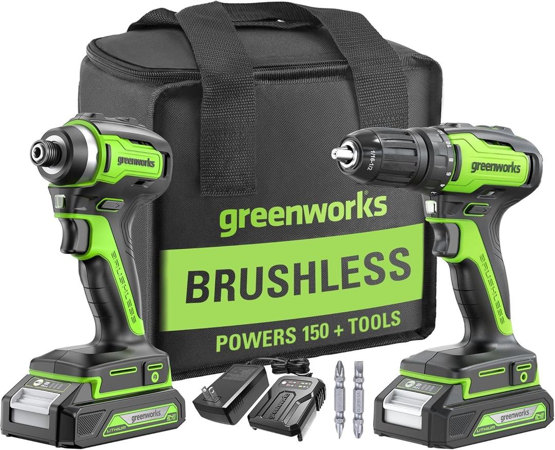 Greenworks 24V Brushless Cordless Drill and Impact Driver,Power Tool Combo Kit Included 1/2Drill & 1/4Hex Impact Driver and (2) Batteries, Fast Charger, 2 pcs Drill Bit Set & Bag