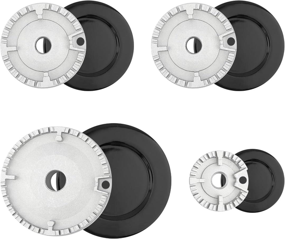 Black & Silver Gas Stove Burner Caps Set - High Performance Cooker Lids - 1 Large, 1 Small, 2 Middle