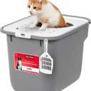 IRIS USA Cat Litter Box Large Top Entry with Lid, Enclosed Litter Box with Litter Catching Lid & Scoop, Covered Cat Litter Box Enclosure for Privacy, High Sided, Gray/White