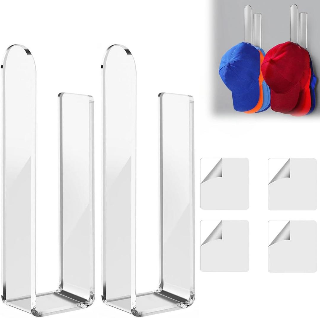 Sturdy Acrylic Wall Mounted Hat Hook, Baseball Hat Organizer, Strong Adhesive Hat Rack, Multi-Purpose Hat Holder, Sticky Hat Storage for Baseball Cap, Hat Hangers for Wall/Door/Closet(Clear,2PCS)