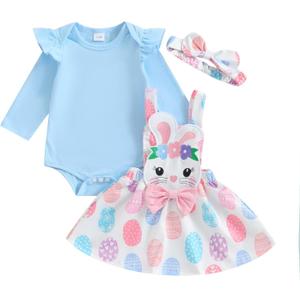 Gueuusu Baby Girl Easter Clothes Ruffle Long Sleeve Romper Bunny/ Easter Eggs Print Overall Skirt Dress Cute Newborn Outfit (Blue, 3-6 Months)