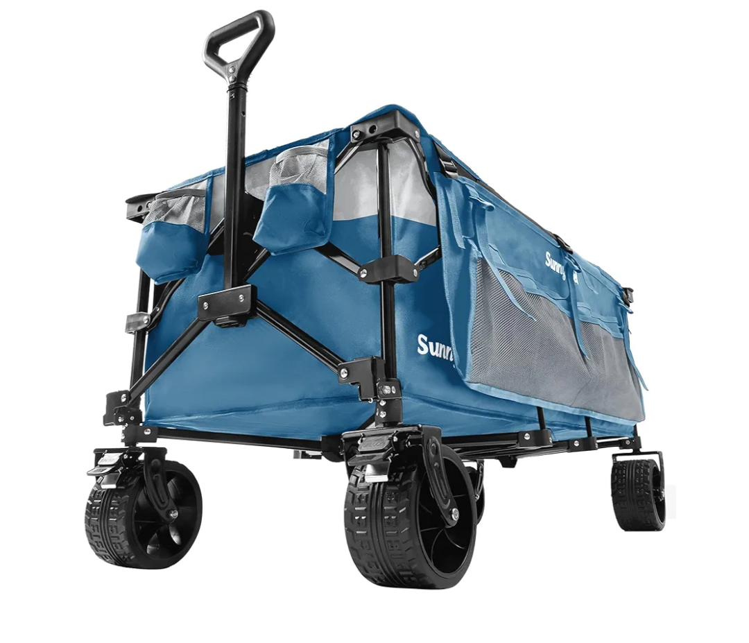 SUNNYFEEL 49''L 550lbs Heavy Duty Wagon Cart Foldable with Wheels,Extra Long Fold Up Wagons Carts with Side Pocket and Brakes for Camping Sports Garden Shopping (Blue)
