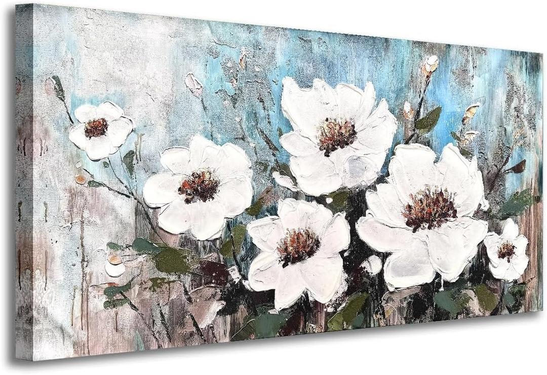 Magnolia Canvas Wall Art for Living Room White and Blue Flower Pictures Textured Floral Painting Bedroom Wall Decor 40x20 Inches