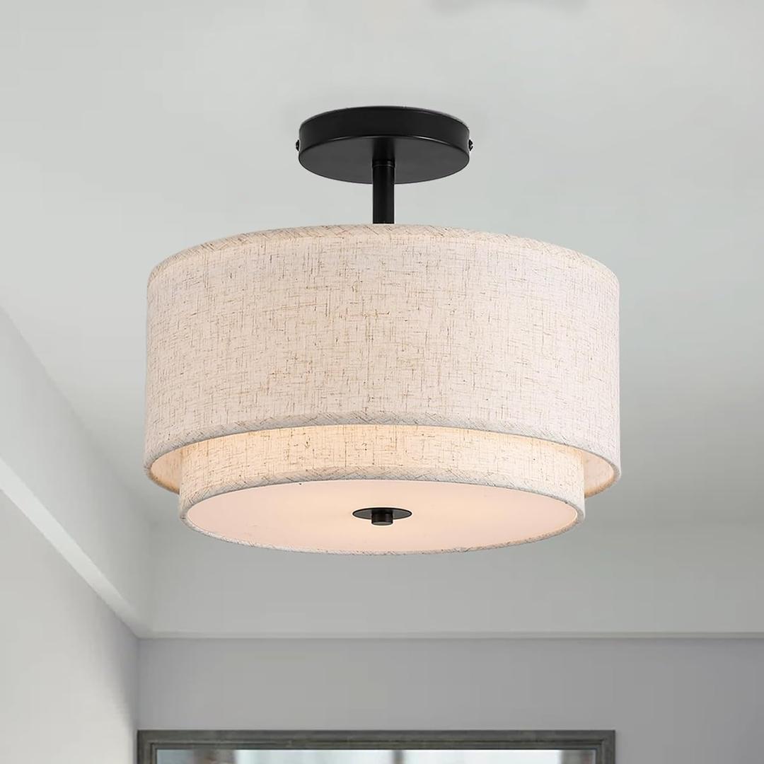 12.6inch Flush Mount Ceiling Light Fixture,3-Light Modern Close to Ceiling Light with 2-Layer Linen Fabric Shade,Farmhouse Drum Ceiling Mount Lamp for Bedroom Hallway Living Room, 12.6" x 12.6" x 6.3" inches