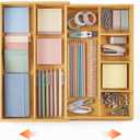 Bamboo Sliding Desk Drawer Organizer 8.2'' up to 16.4'' x 14.4'' x 2.2'' Expandable Office Desk Accessories Supplies Tray with 7 Compartments for Pens, Notebooks, Rulers, and Makeup Jewelry Vanity