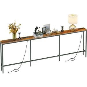 94.5" Behind Couch Table with 2 Fast Charging Stations, 7.1" Narrow Skinny Sofa Table with 4 Power Outlets, 4 USB-A, 2 USB-C for Console Entryway, Rustic Brown