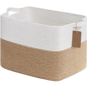 Goodpick Woven Storage Baskets for Organizing, Nursery Toy Baskets Storage Kids, Cotton Rope Basket with Handles, Rectangle Blanket Basket for Living Room, 18 x 14 x 12 Inches (Jute)