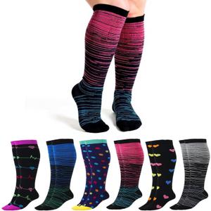 Prasacco 6 Pairs Plus Size Compression Socks for Women Wide Calf Knee High Compression Stockings for Circulation Travel Yoga Running, XXX-Large (XXXL)