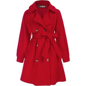 GRACE KARIN Girls Dress Coat Lapel Wool Blend Long Winter Jackets with Pockets Belt 6-14Y (7 Years, Red)