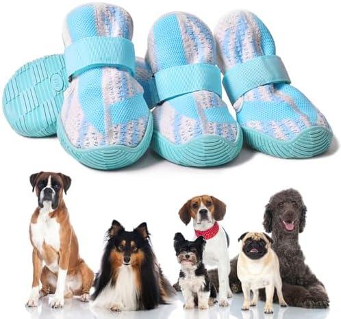 PETQYS Dog Shoes,Mesh Breathable Dog Boots for Walking Running Hiking,Soft Non-Slip Rugged Rubber Sole Dog Booties with Adjustable Straps 4Pcs,Blue-Size7