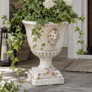 16.5 Inch Tall Antique White Urn Planter with Drainage, Vintage Rustic Outdoor Flower Pot, Pedestal Floor Planter for Patio, Front Porch, Garden, Entryway and Indoor Decor