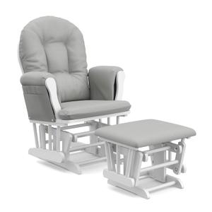 Storkcraft Premium Hoop Glider and Ottoman (White Base, Light Gray Cushion)  Padded Cushions with Storage Pocket, Smooth Rocking Motion, Easy to Assemble, Solid Hardwood Base (White/Light Gray)
