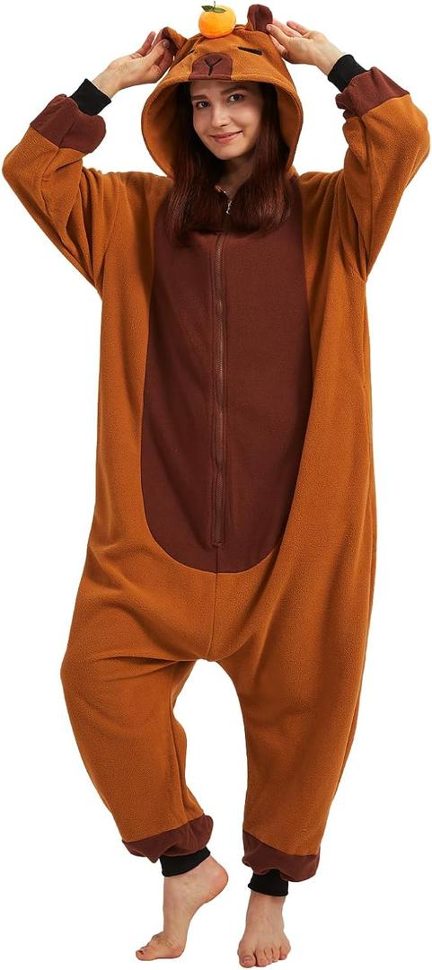 Cute Capybara Onesie Pajamas Adult Halloween Onesie Pajamas with Orange Hood (Medium)