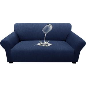 Waterproof Stretch Spandex Loveseat Couch Cover - Non-Slip Soft Sofa Slipcover with Elastic Bottom, Washable Leakproof Furniture Protector for Kids, Pets, Dogs & Cats (Loveseat, Navy)