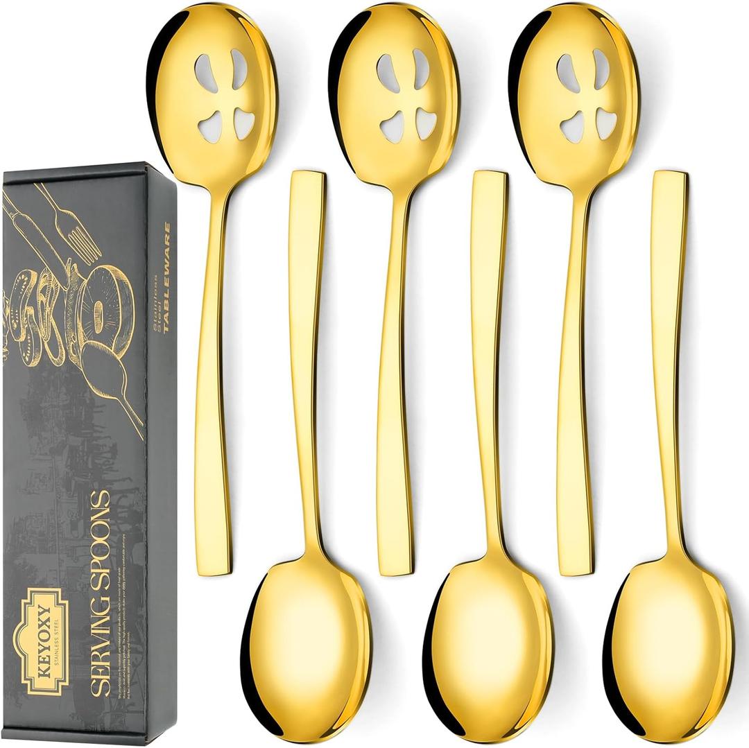 6 Piece Stainless Steel Serving Spoons Set - 3 Large, 3 Slotted, 9.2-Inch, Dishwasher Safe, for Parties/Kitchen/Buffet/Catering,Gold