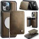 Compatible with Magsafe for iPhone 14 Wallet Case Magnetic Card Holder, RFID Blocking 2 in 1 Detachable Kickstand Shockproof Case for Women Men, Brown