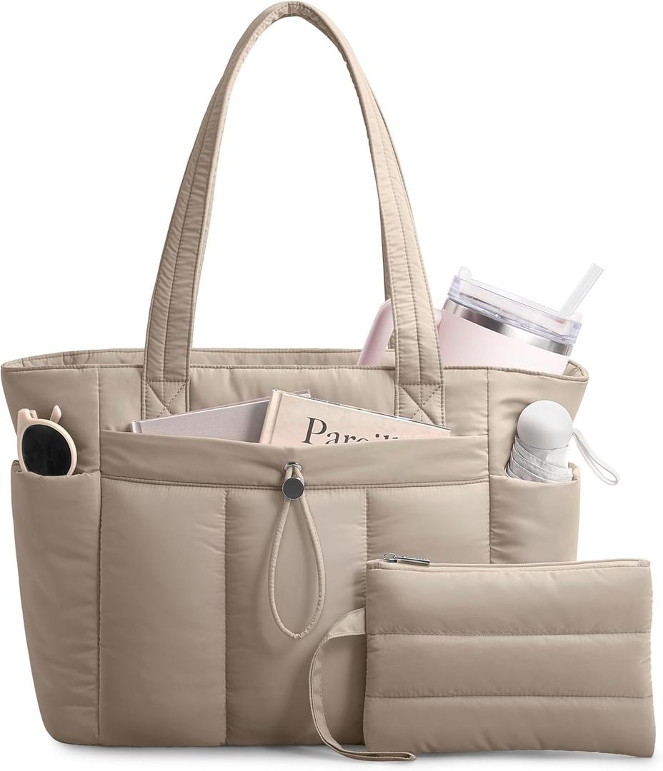 TOPDesign Puffy Tote Bag for Women with Cup Holder & Laptop Compartment & Cosmetic Bag & Trolley Sleeve for Work, Travel (Large, Camel)