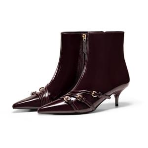 Coutgo Womens Buckle Strap Ankle Booties Kitten Low Heel Pointed Toe Y2K Boots Side Zipper Fall Shoes (7, Burgundy)