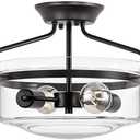 2-Light Semi Flush Mount Ceiling Light, 14.2" Farmhouse Light Fixtures for Bedroom Porch Hallway Kitchen Entryway, Black Modern Ceiling Light with Clear Glass Shade