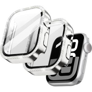 JETech Bling Diamond Case with Screen Protector for Apple Watch Series 11/10 46mm, Overall Protective Cover, Built-in Tempered Glass Film High Sensitivity, 2 Pack (Silver)