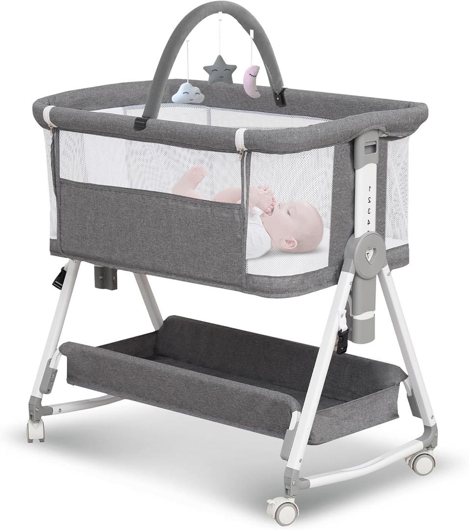 Baby Bassinet,3 in 1 Bedside Bassinet for Baby with Hanging Toys,Foldable Baby Bassinets Bedside Sleeper,4-Sided Mesh Bedside Crib with Wheels and Storage Basket,6 Height Adjustable (Light Grey)
