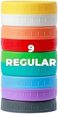 Bedgeta 9Pcs Mason Jar Lids, Regular Mouth Plastic Mason Lids, Leak Proof Canning Lid with Silicone Ring for Ball, Kerr and More, Reusable Can Tops, Colored Caps Covers for Jars