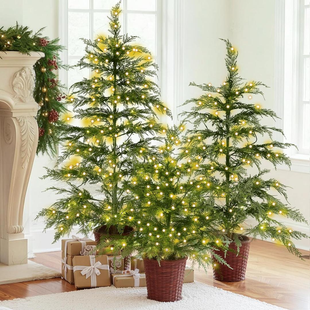 Christmas 3ft 4ft 5ft Potted Pre-lit Twinkle LED Cypress Norfolk Artificial Christmas Tree, Faux Potted Plants with a Woven Basket Base for Front Porch Indoor Outdoor Decor(Cypress Tree)