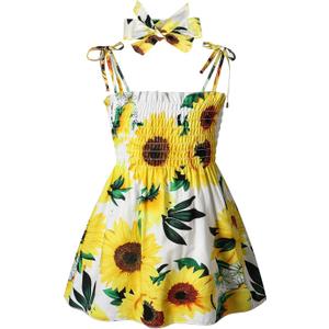 Easisim Toddler Baby Girls Dress Casual Sleeveless Sunflower Princess Sundress Summer Clothes Outfits with Headband