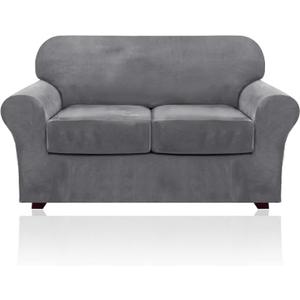 PrimeBeau Velvet 3 Piece Loveseat Slipcover for 2 Cushion Couch High Stretch Sofa Covers with Individual Cushion Covers Elastic Bottom Strap Sofa Protector Form Fit, Machine Washable(Loveseat, Grey)