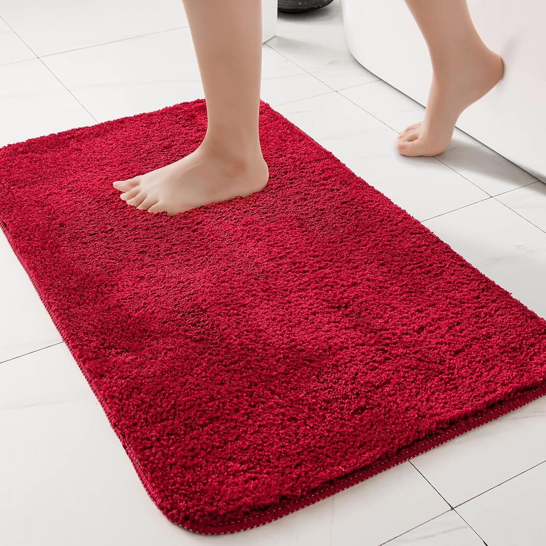EMEMA Non Slip Shaggy Bath Mat Absorbent Small Rug Door Mat Inside Kitchen Entrance Carpet Mat for Bathroom Bedroom Kitchen, 24"x 36", Red
