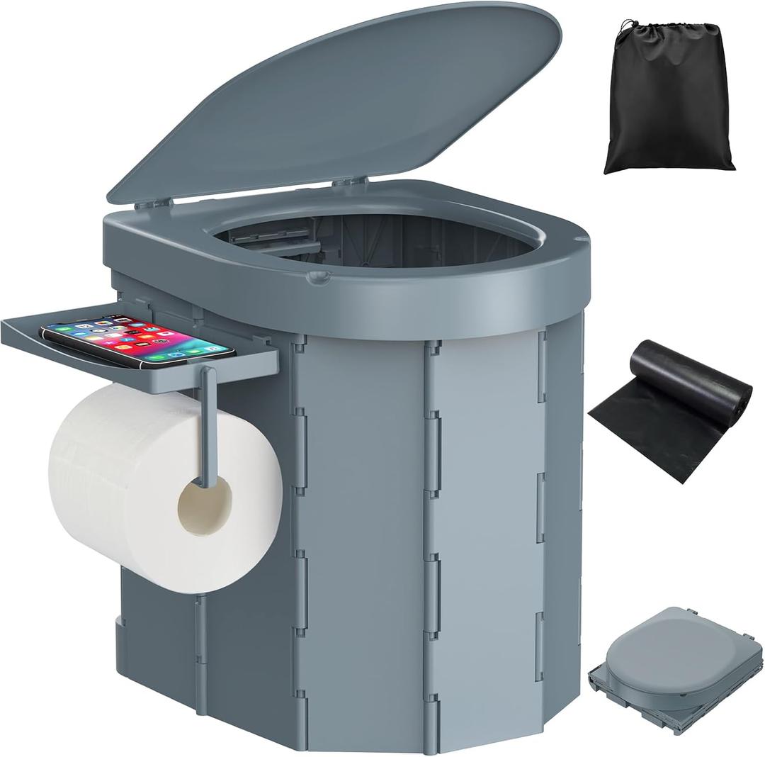 Portable Camping Toilet, Foldable Toilet for Adults with Detachable Phone Shelf and Toilet Paper Holder, Waterproof Porta Potty with Lid for Camping, Hiking, RV Travel, Road Trips (Gray)