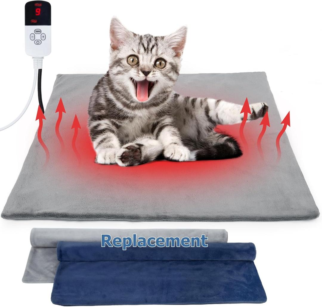 Cat Heating Pad Outdoor, Heated Cat Bed for Dogs, Indoor Warming Electric Pet Heating Pad with Chew Resistant Cord, Waterproof Heated Pet Mat with Adjustable Temperature & Time Kitten 18"*18"