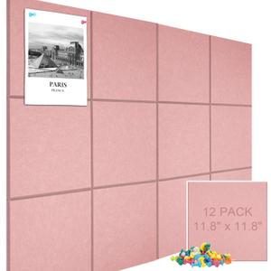 Large Cork Board Alternative 48" X 36" Bulletin Board - 12 Pack Removable Felt Wall Tiles with 30 pushpins, Large Cork Boards for Walls Cork Board for Office Pin Board Tack Board - Pink