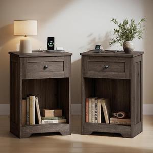 VASAGLE Brown Nightstand with Charging Station, 1 Drawer, Set of 2, 2 PACK-15.7"D x 11.8"W x 23.2"H