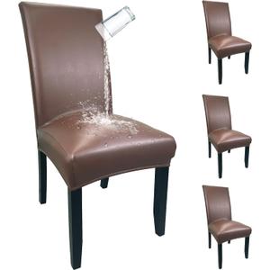 Pu Leather Dining Chair Covers set of 4, Waterproof Kitchen Chair Covers for Protecting Chairs from Stain/Scratch, Soft & Elastic Parsons Chair Slipcover Well-Fitted for Dinning Room(Coffee, 4Pcs)