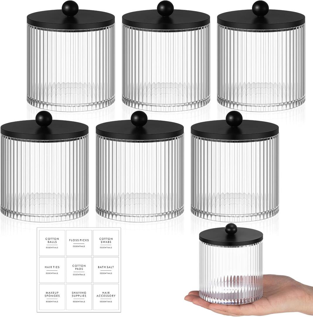 Yaomiao 6 Pcs Ribbed Bathroom Canisters Apothecary Jars with Black Bamboo Lids and Label Stickers, 18 oz Plastic Canister with Fluted Design for Cotton Ball, Swab, Floss Picks House Storage